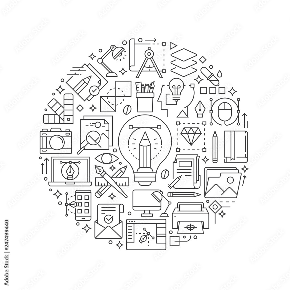 Graphic design concept in thin flat illustration. Creative process line icons in round shape isolated vector illustration. Round design element with graphic design icons - Vector - obrazy, fototapety, plakaty 
