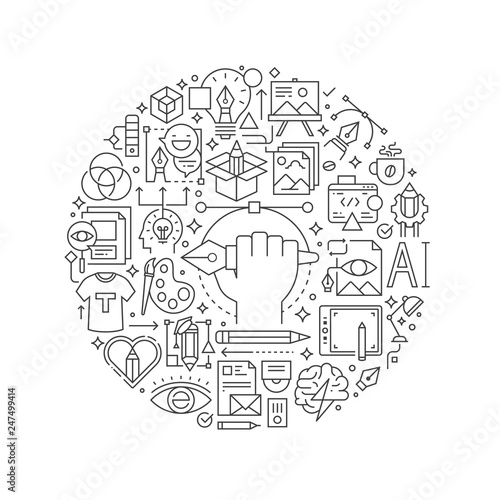 Graphic design concept in thin flat illustration. Creative process line icons in round shape isolated vector illustration. Round design element with graphic design icons - Vector
