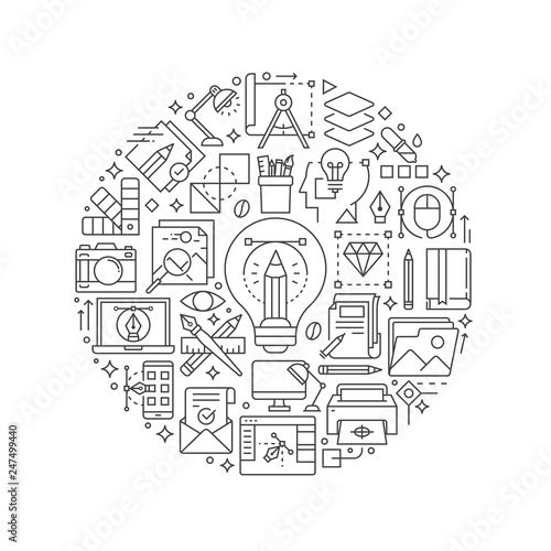 Graphic design concept in thin flat illustration. Creative process line icons in round shape isolated vector illustration. Round design element with graphic design icons - Vector