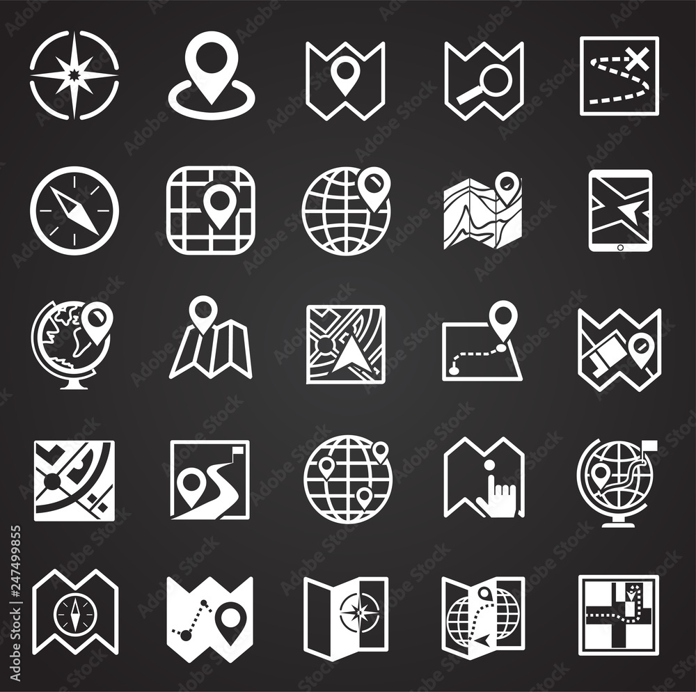 Map and navigation icons set on black background for graphic and web design, Modern simple vector sign. Internet concept. Trendy symbol for website design web button or mobile app