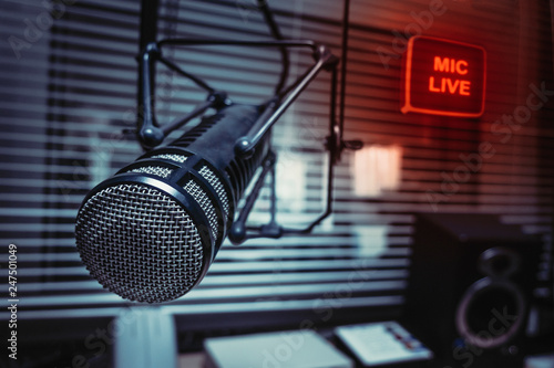 Professional microphone in radio studio on air Stock Photo | Adobe Stock