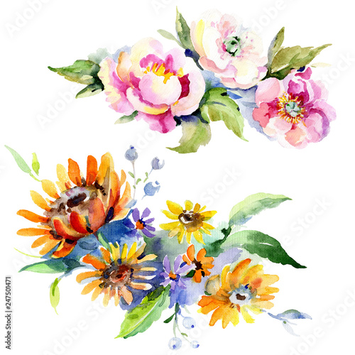 Fototapeta Naklejka Na Ścianę i Meble -  Bouquets floral botanical flower. Watercolor background illustration set. Isolated bouquet illustration element.