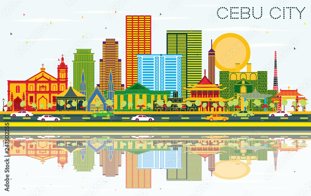 Cebu City Philippines Skyline with Color Buildings, Blue Sky and Reflections.