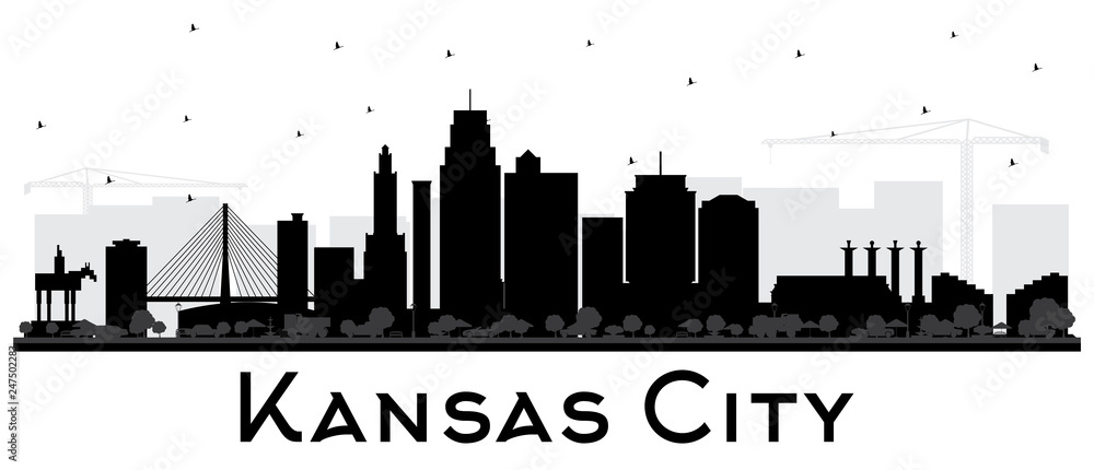 Kansas City Missouri Skyline Silhouette with Black Buildings Isolated on White.