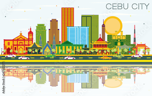 Cebu City Philippines Skyline with Color Buildings  Blue Sky and Reflections.