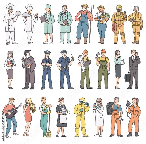 Adults people different professions in uniform. Labor Day women and men in professional clothes. Vector illustration in line art style on white background.