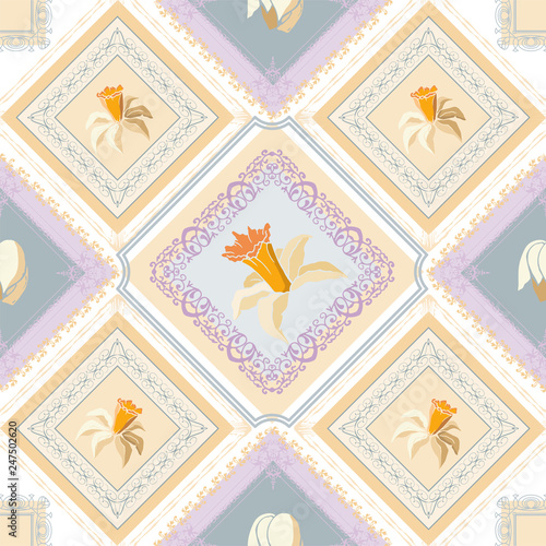Checkered seamless pattern of gentle pastel shades with narcissus flowers. Elegant background for your design in soft colors with floral elements.