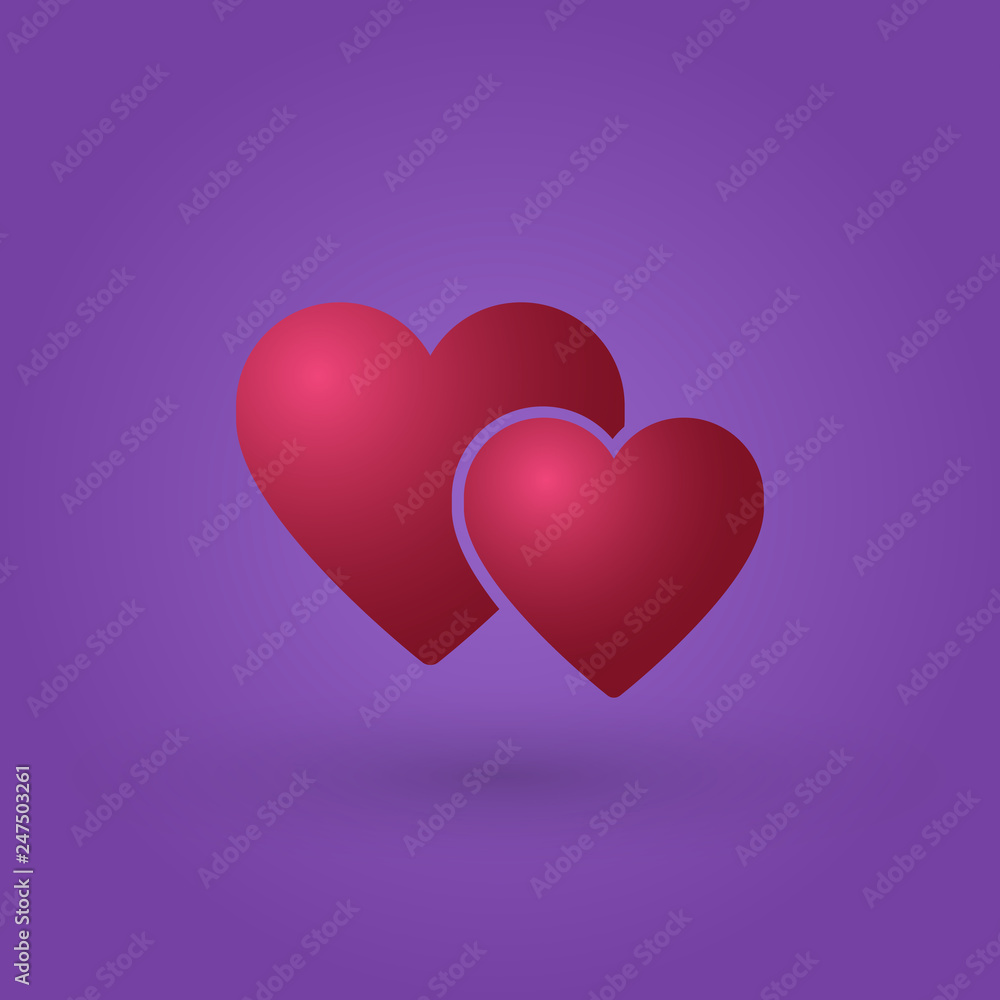 Two hearts icon, together love red symbol. Vector illustration isolated on purple background.