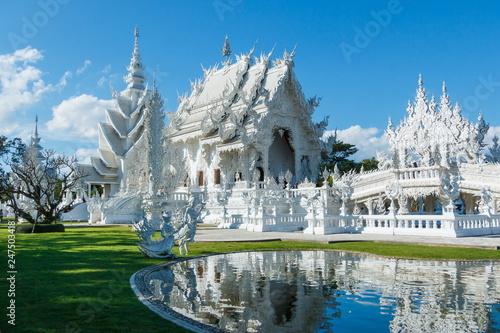 Wall Mural Wat Rong Khun designed and built by Professor Daniel kosit Manuel which desire to build temples, like the town of paradise, where the human touch,Chiang Rai province Thailand