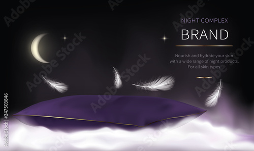 Night background for advertising of cosmetic products. Dark night sky with moon and stars, purple velvet pillow on white fluffy cloud, flying soft feathers, cosmetics promotion concept for magazine