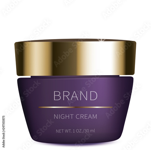 Night cosmetic night cream for face skin care, realistic vector. Purple plastic jar with golden cap and revitalizing product, isolated on white background. Brand design for premium smart cosmetics