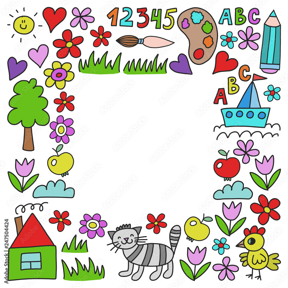 Kindergarten pattern, drawn kids garden elements pattern, doodle drawing, vector illustration, colorful. Kindergarten pattern, drawn kids garden elements pattern, doodle drawing, vector illustration, colorful.
