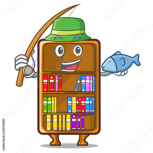 Fishing bookcase isolated in the with characters