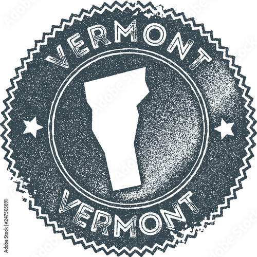 Vermont map vintage stamp. Retro style handmade label, badge or element for travel souvenirs. Dark blue rubber stamp with US state map silhouette. Vector illustration.