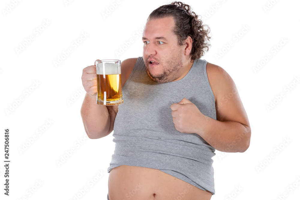 Funny fat man feeling happy and relaxed, holding fresh cold beer in his hands on white background Funny fat man feeling happy and relaxed, holding fresh cold beer in his hands on white background