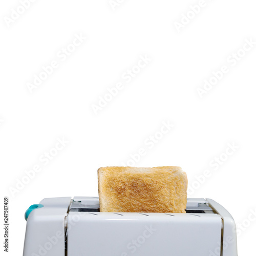 A piece of white bread toasted in the white toaster with white background and clipping path and isolated on white background. breakfast concept.