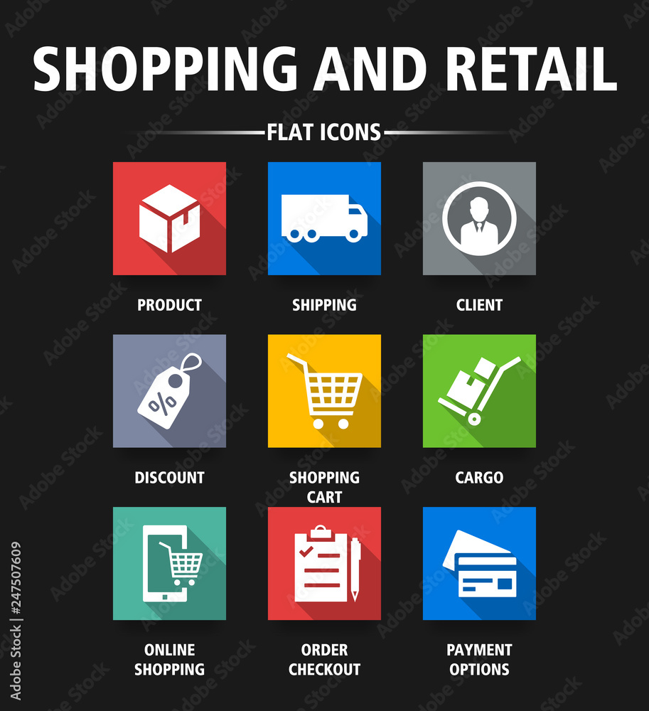 SHOPPING AND RETAIL FLAT ICONS