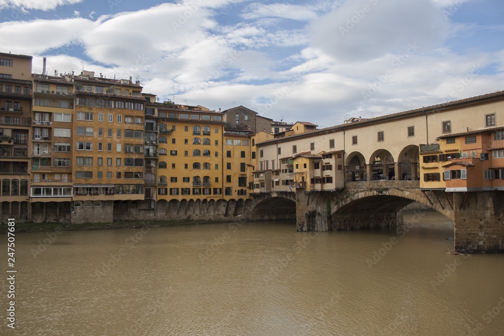View of Florence center, river, bridge, Italy
