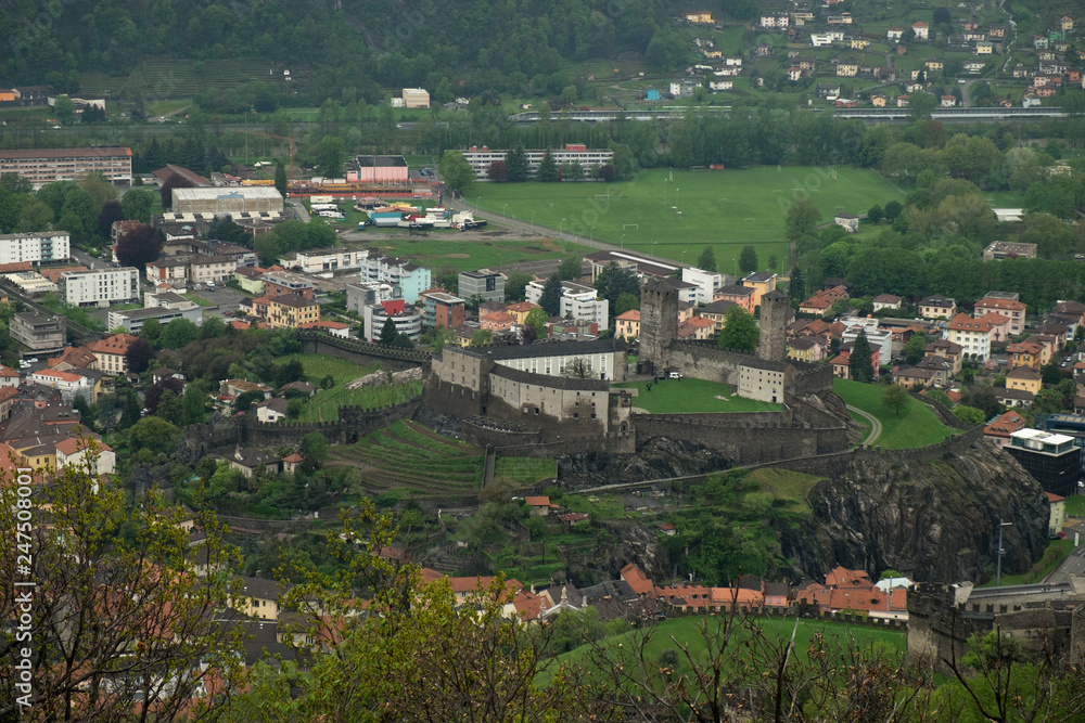 BELLINZONA, SWITZERLAND - APRIL 2013; Medieval walls of Montebelloi fortress