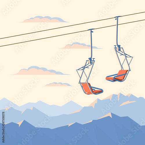 Chair ski lift for mountain skiers and snowboarders moves in the air on a rope on the background of winter snow capped mountains and sunset. Vector flat illustration.