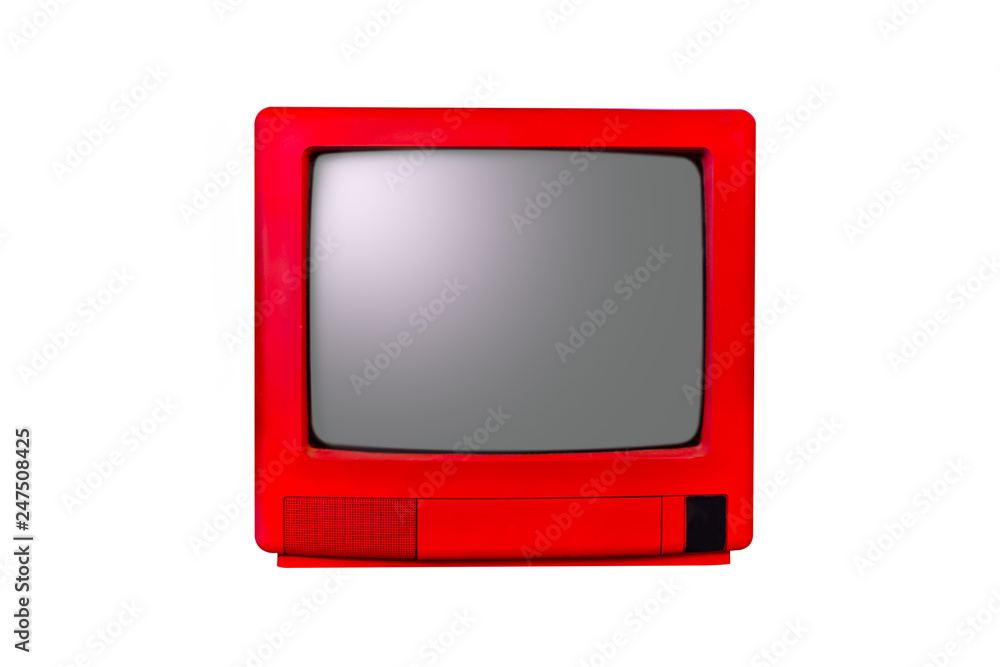 Retro old red television from 80s isolated on white.