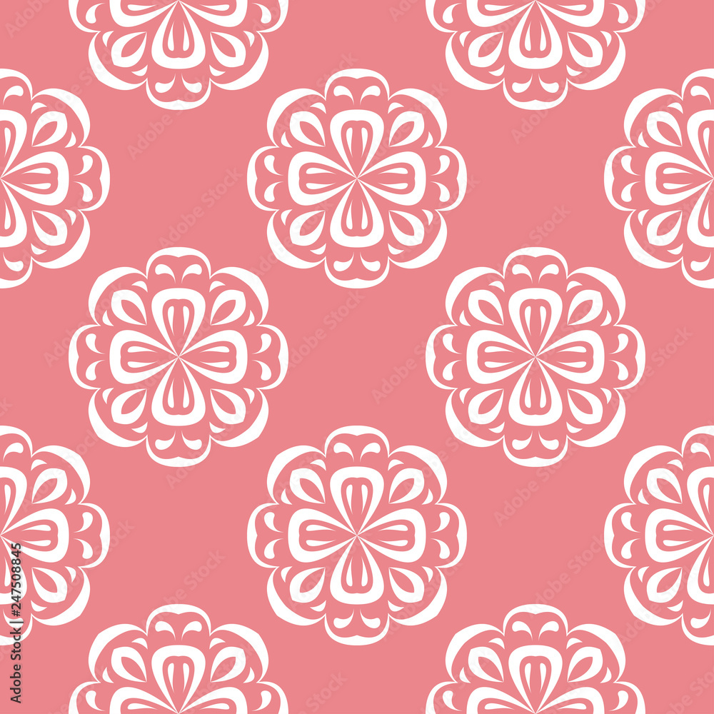 Floral print. White pattern on pink seamless background Floral print. White pattern on pink seamless background