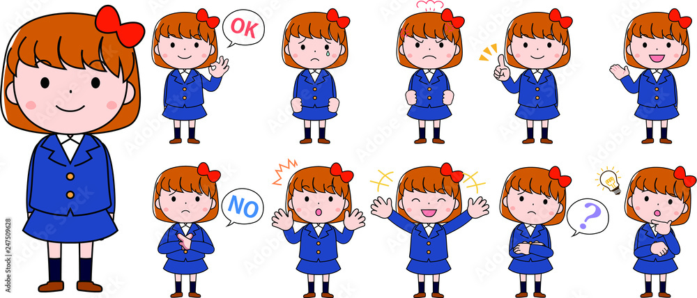 A bob cut female student expressing emotion set A bob cut female student expressing emotion set