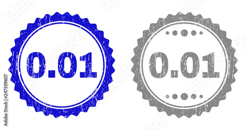 0.01 stamp seals with grunge texture in blue and gray colors isolated on white background. Vector rubber overlay of 0.01 tag inside round rosette. Stamp seals with grunge textures.