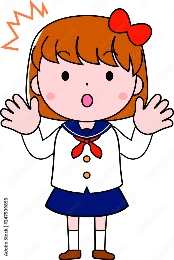 A bob cut female student in a sailor suit expressing emotion A bob cut female student in a sailor suit expressing emotion
