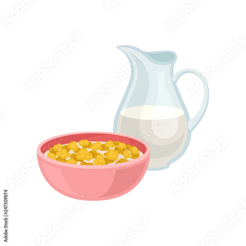 Delicious corn flakes in pink bowl and fresh milk in glass jug. Tasty meal. Healthy breakfast. Flat vector design