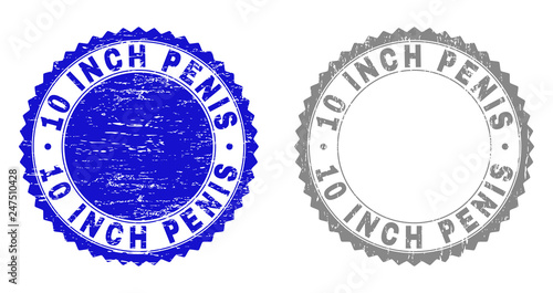 10 INCH PENIS stamp seals with distress texture in blue and gray colors isolated on white background. Vector rubber watermark of 10 INCH PENIS label inside round rosette.