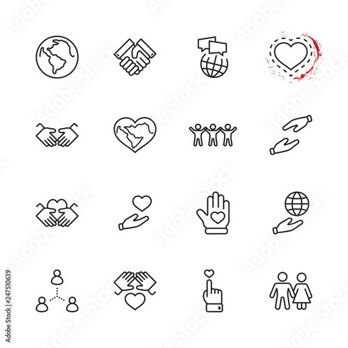 International Day of Human Solidarity Line Vector Icons Set. Contains such Icons as Handshake, Heart, planet Earth, helping Hand, People and more. Editable Stroke. 32x32 Pixel Perfect