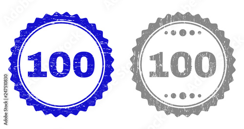 100 stamp seals with distress texture in blue and grey colors isolated on white background. Vector rubber watermark of 100 title inside round rosette. Stamp seals with grunge styles.