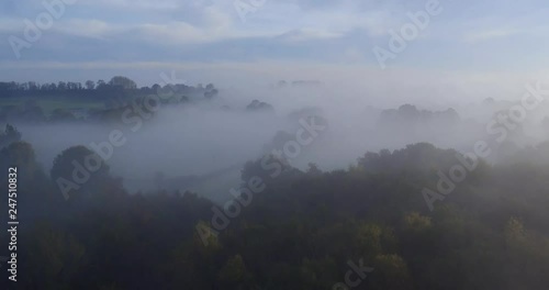 Aerial shot of dense Autumnal woodland, with thick  fog shot at Dering woods, Kent, UK photo