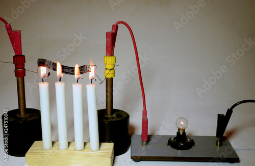 Εκτύπωση καμβά An electrical lamp is supplied with current trough a wound-up iron wire as a serial resistor