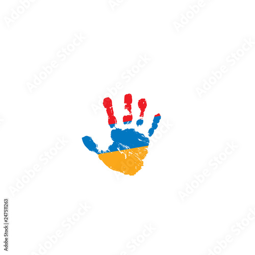 Armenia flag and hand on white background. Vector illustration