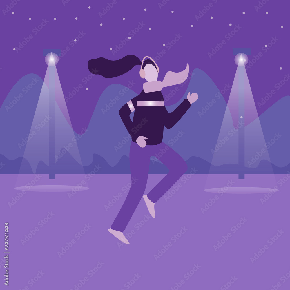 Winter running concept. Young athletic woman doing jogging in winter colored city park. Evening or early morning winter town with snow. Vector illustration in flat style