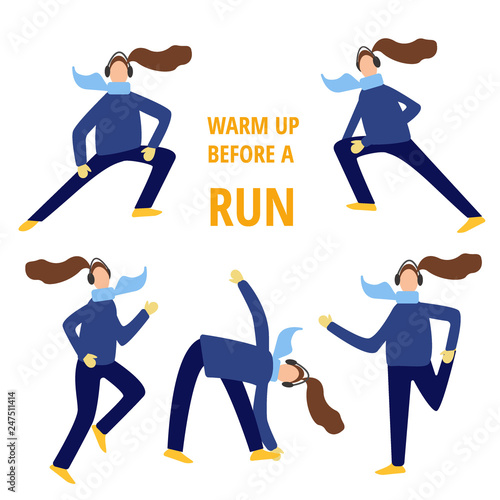 Set of women stretching legs before running in winter, flat cartoon vector illustration on white background. Getting ready for running in winter - stretching and dressing in warm clothes