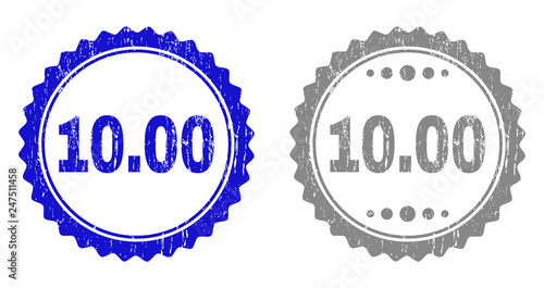 10.00 stamp seals with grunge texture in blue and grey colors isolated on white background. Vector rubber imitation of 10.00 label inside round rosette. Stamp seals with grunge styles.
