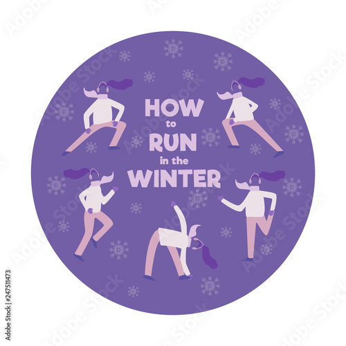 Set of people, men and women, running in winter season, flat cartoon vector illustration isolated. Set of women running, jogging in winter season, dressed in warm clothes, warm up before a run