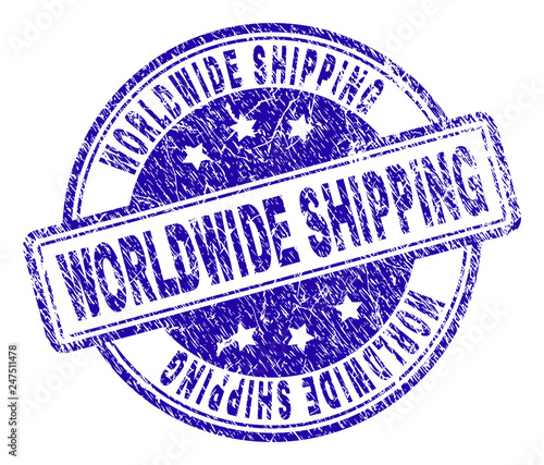 WORLDWIDE SHIPPING stamp seal watermark with grunge texture. Designed with rounded rectangles and circles. Blue vector rubber print of WORLDWIDE SHIPPING text with unclean texture.