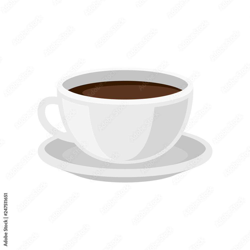 Cup of fresh coffee on saucer. Tasty morning beverage. Hot drink. Flat vector design for cafe menu Cup of fresh coffee on saucer. Tasty morning beverage. Hot drink. Flat vector design for cafe menu