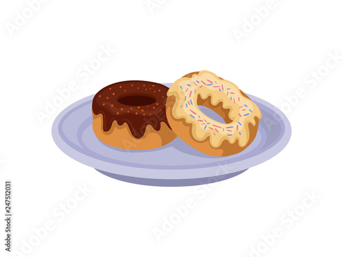 Two sweet donuts with chocolate and vanilla glaze on blue plate. Delicious snack. Food for breakfast. Flat vector icon