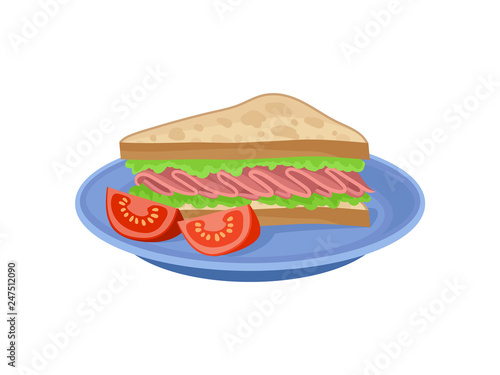 Appetizing sandwich and two slices of fresh tomato on blue plate. Tasty food for breakfast. Flat vector design