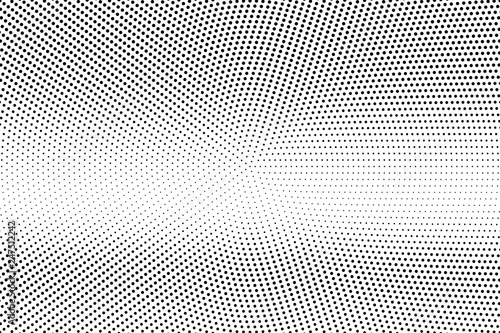 Black dots on white background. Pale perforated surface. Centered halftone vector texture. Horizontal dotwork gradient