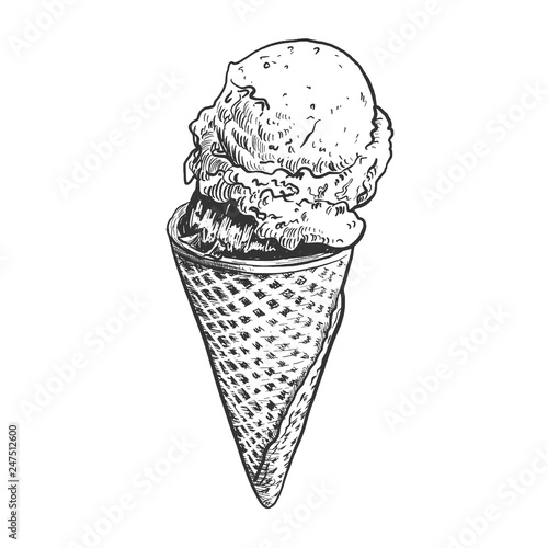 Hand drawn ice cream in cone sketch, pen and ink vintage etching illustration. Black and white engraving, isolated on white background.