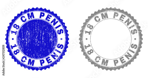 18 CM PENIS stamp seals with distress texture in blue and gray colors isolated on white background. Vector rubber overlay of 18 CM PENIS tag inside round rosette. Stamp seals with unclean textures.