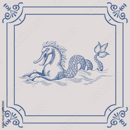Mythological vintage sea monster on the Blue Dutch tile. Imitation. Glazed porcelain ceramic.
