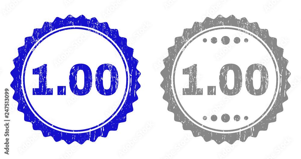 1.00 stamp seals with distress texture in blue and gray colors isolated on white background. Vector rubber watermark of 1.00 title inside round rosette. Stamp seals with dirty styles.