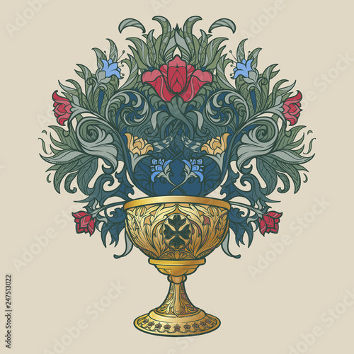 Decorative Goblet. Medieval gothic style concept art. Design element. Hand drawn image isolated on decorative floral background. EPS10 vector illustration